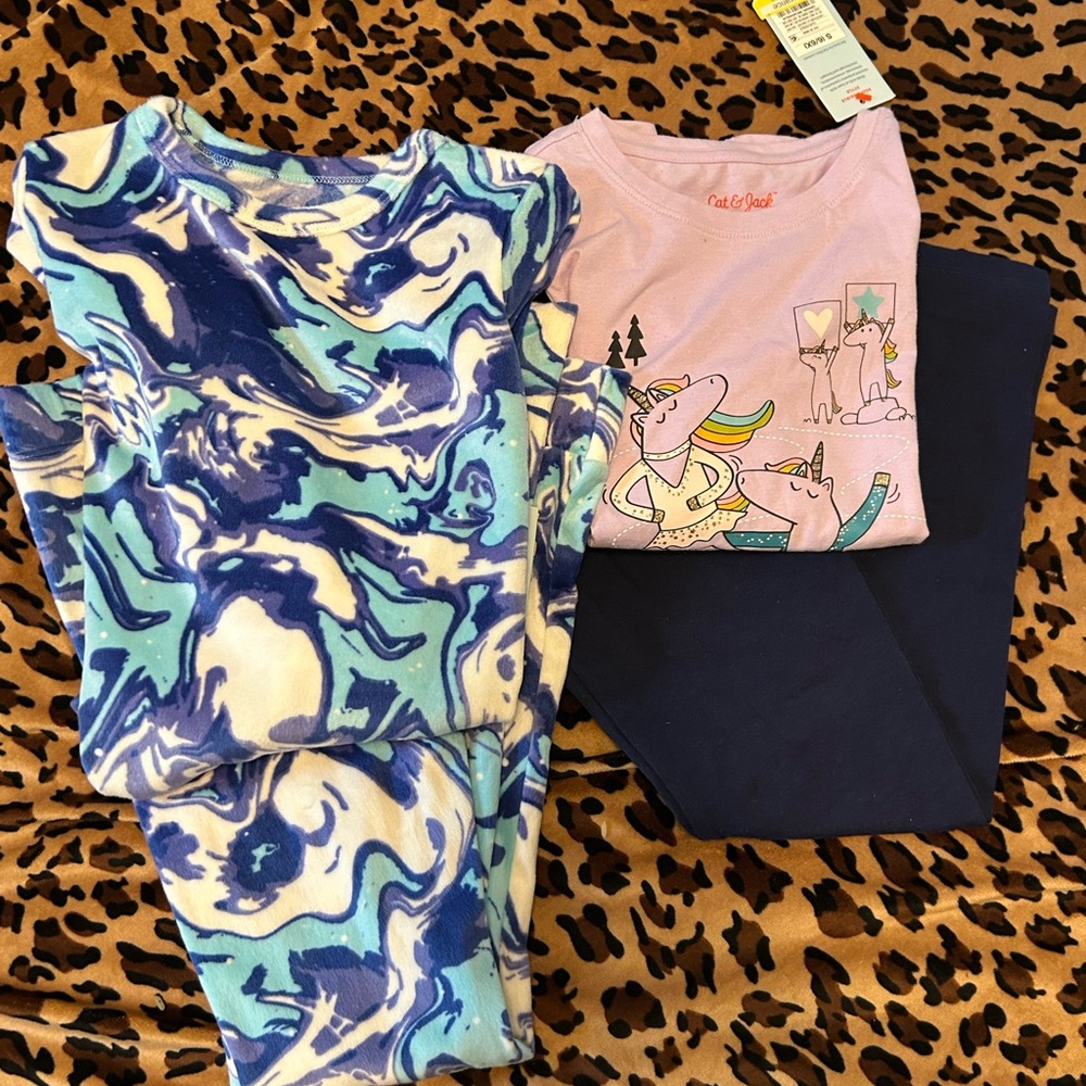 Cat & Jack Kids Pajama Set Blue Swirl & Pink Unicorn & Leggings Set